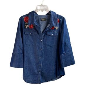 CAVALINI Womens Denim Embroidered Rose Button Blouse Cardigan Cottagecore SZ L